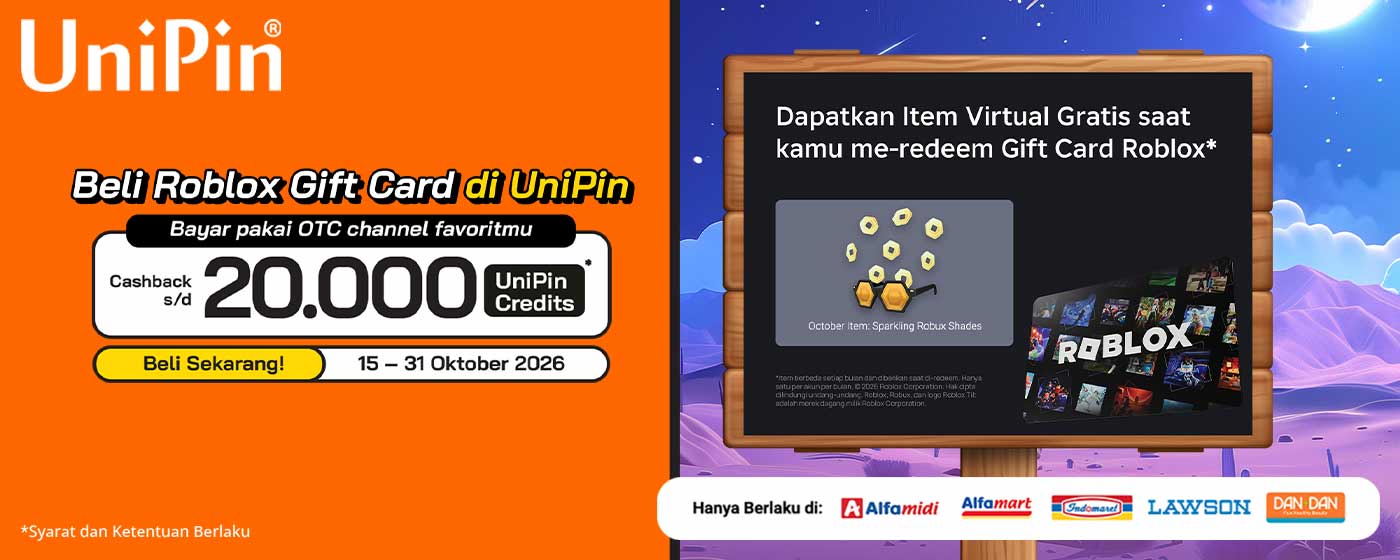 Beli Roblox Gift Card di UniPin, Cashback hingga 20.000 Credits! Bayar di Indomaret, Alfamart, Alfamidi, Dan+Dan & Lawson!